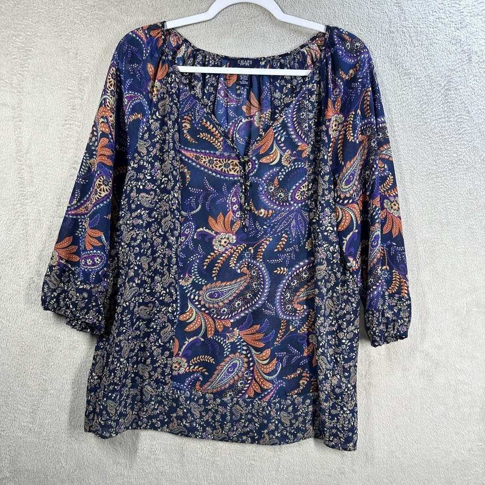Chaps Navy Blue Multi Paisley 3/4 Sleeve Buttons Popover Peasant Boho Top Sz L